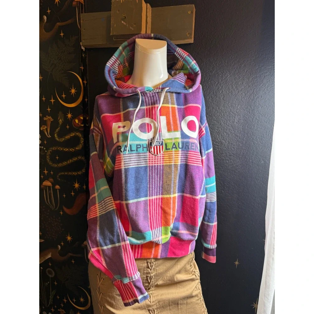 Polo Ralph Lauren Multi Color Plaid Logo Hoodie French Terry XS